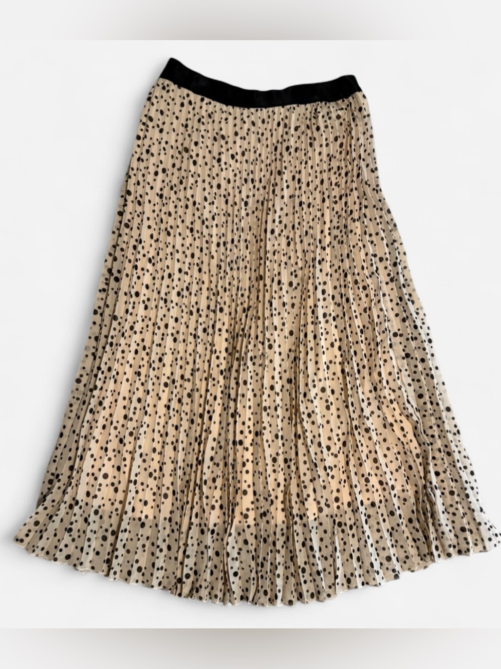 WD.NY Beige Pleated Midi Skirt with Black Polka Dots
